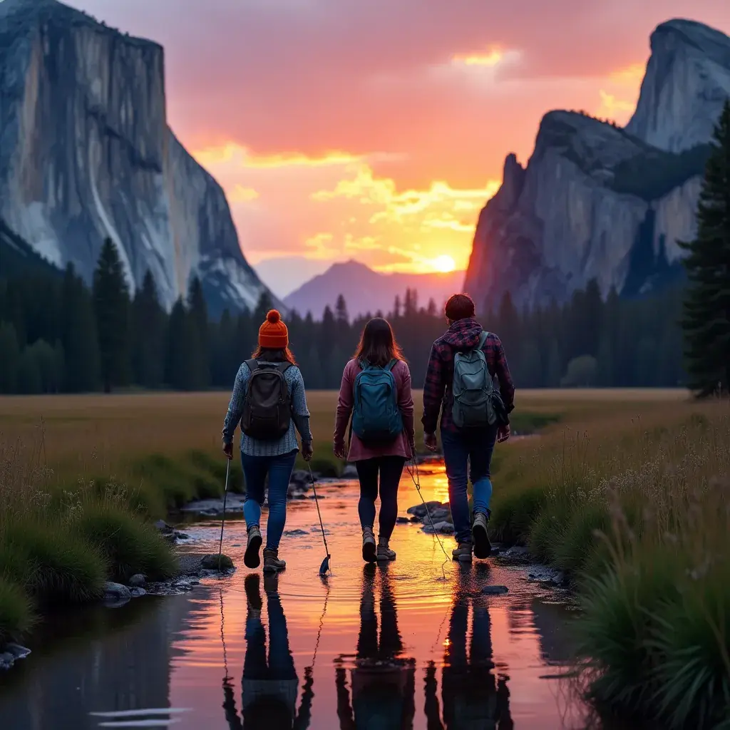 Водопад Йосемити, падающий с утеса на фоне синего неба